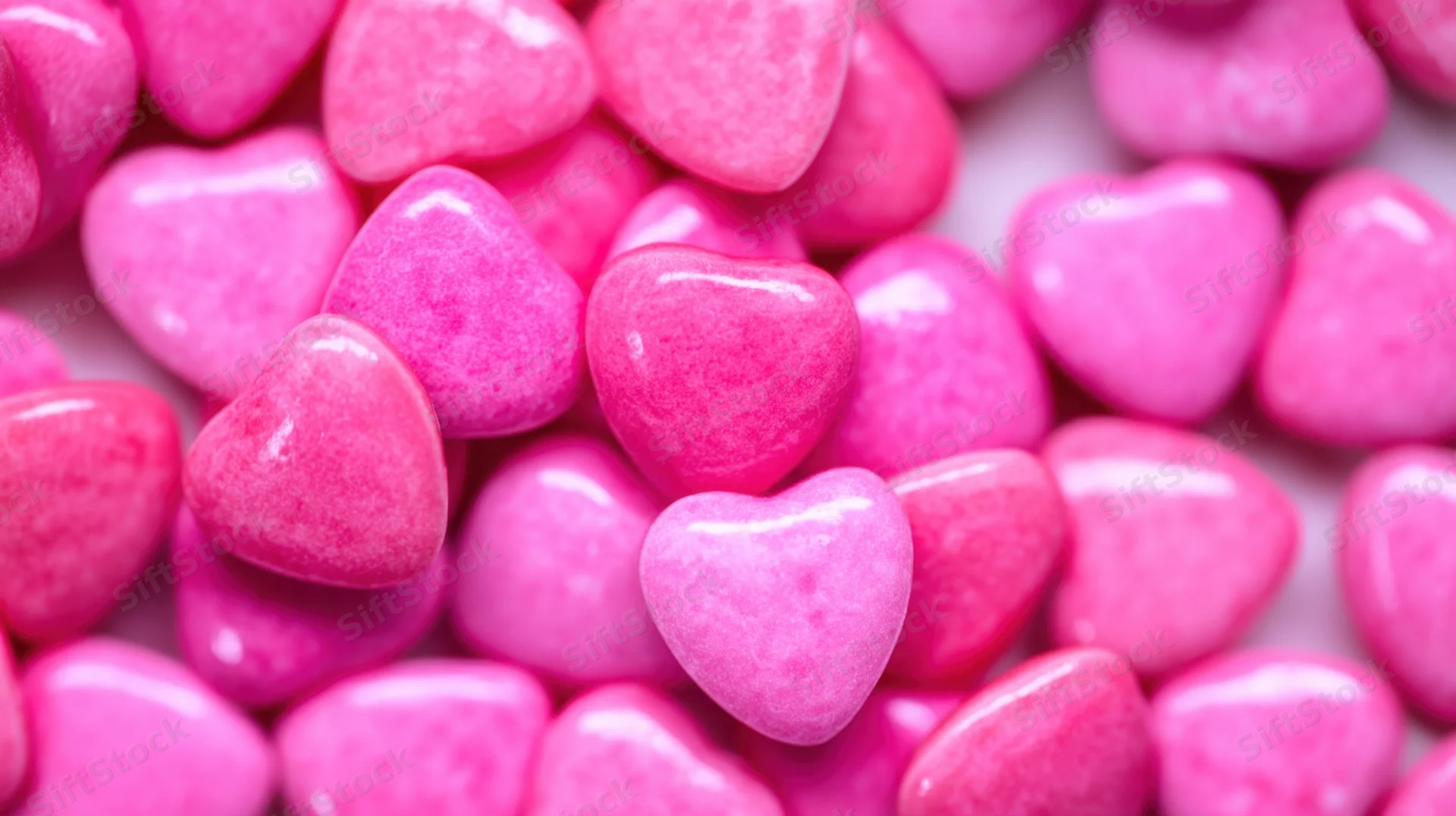 Pink heart-shaped candies scattered in a close-up view