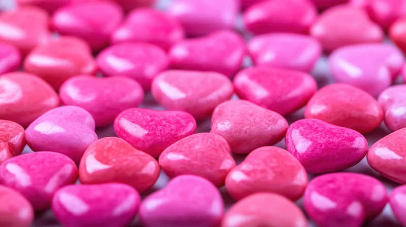 Heart-shaped pink candies arranged in a close-up view with glossy texture and soft focus background