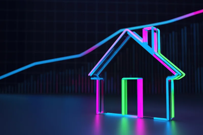 Neon outline of a house with an upward trending graph behind it on a dark grid background
