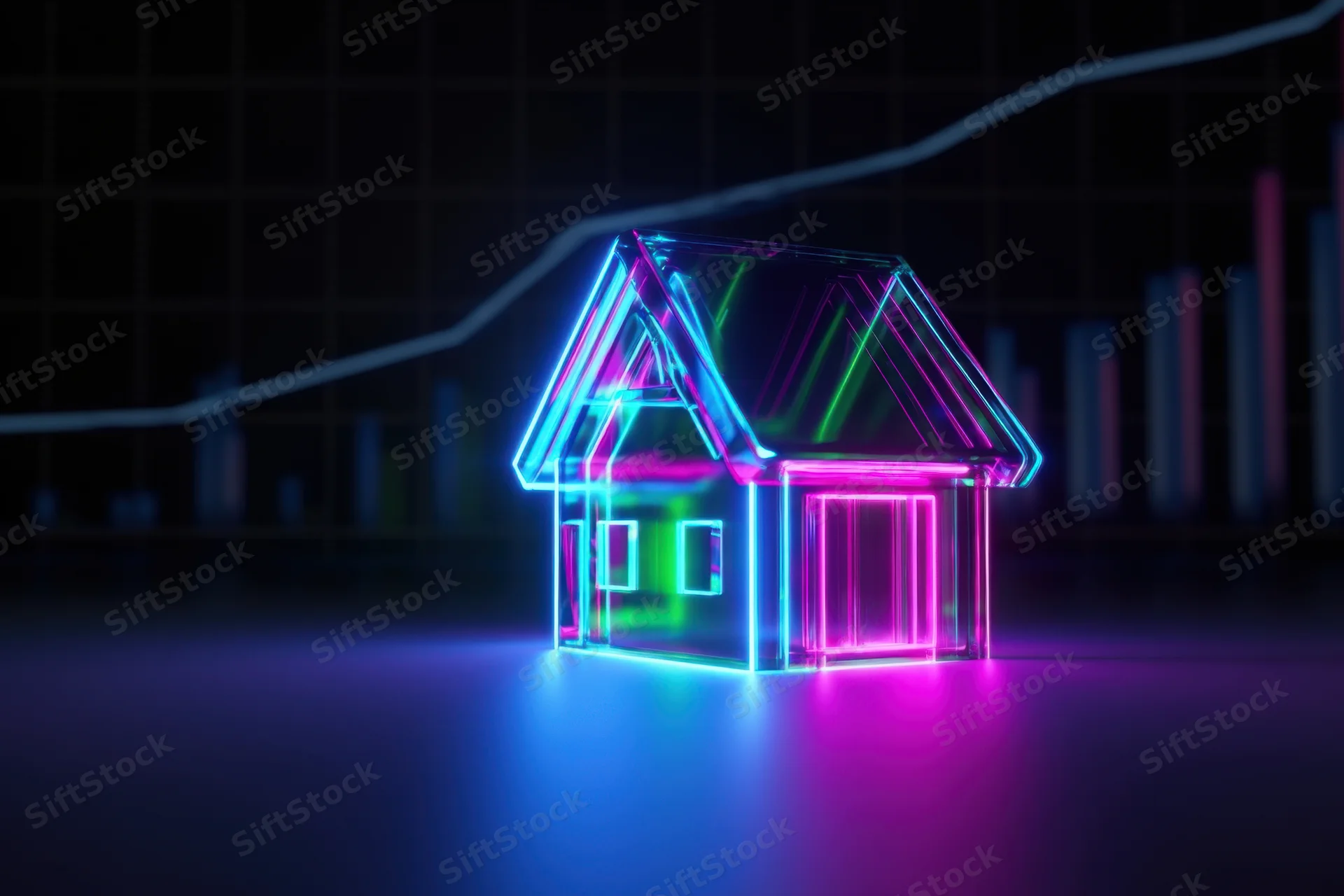 Neon outline of a house glowing with blue and pink light in front of a digital graph showing growth