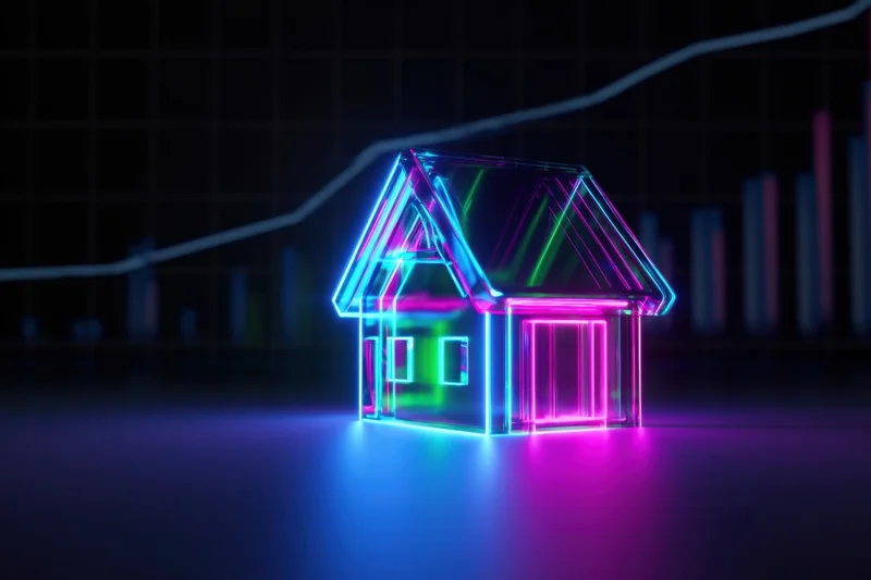 Neon outline of a house glowing with blue and pink light in front of a digital graph showing growth