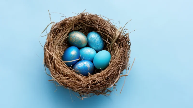 A bird's nest filled with blue decorative eggs on a light blue background