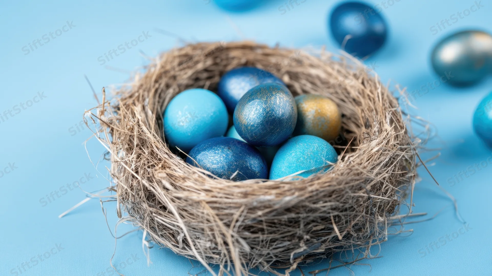 A bird's nest filled with blue and golden painted eggs on a light blue surface