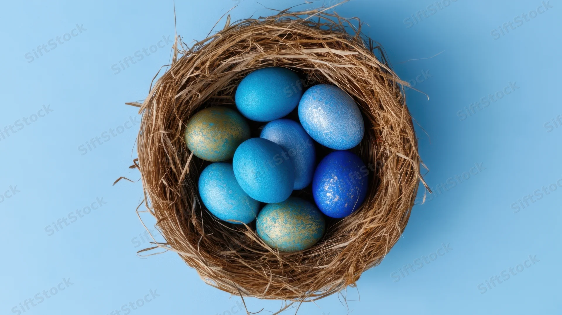 Blue painted eggs arranged in a straw nest on a light blue background