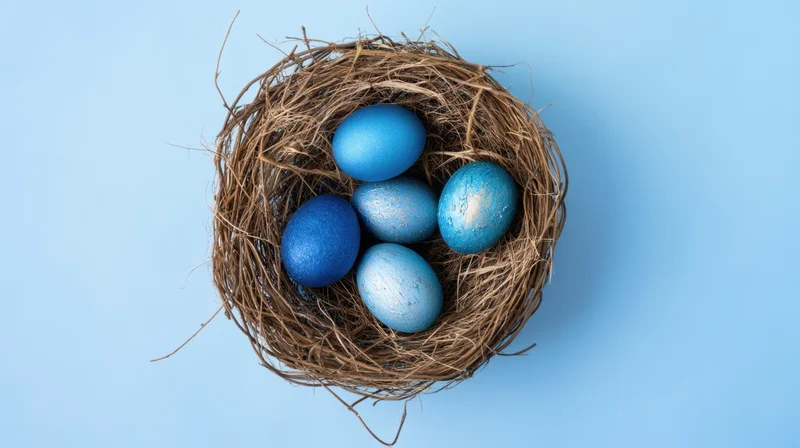 Blue painted eggs in a natural twig nest on a light blue background