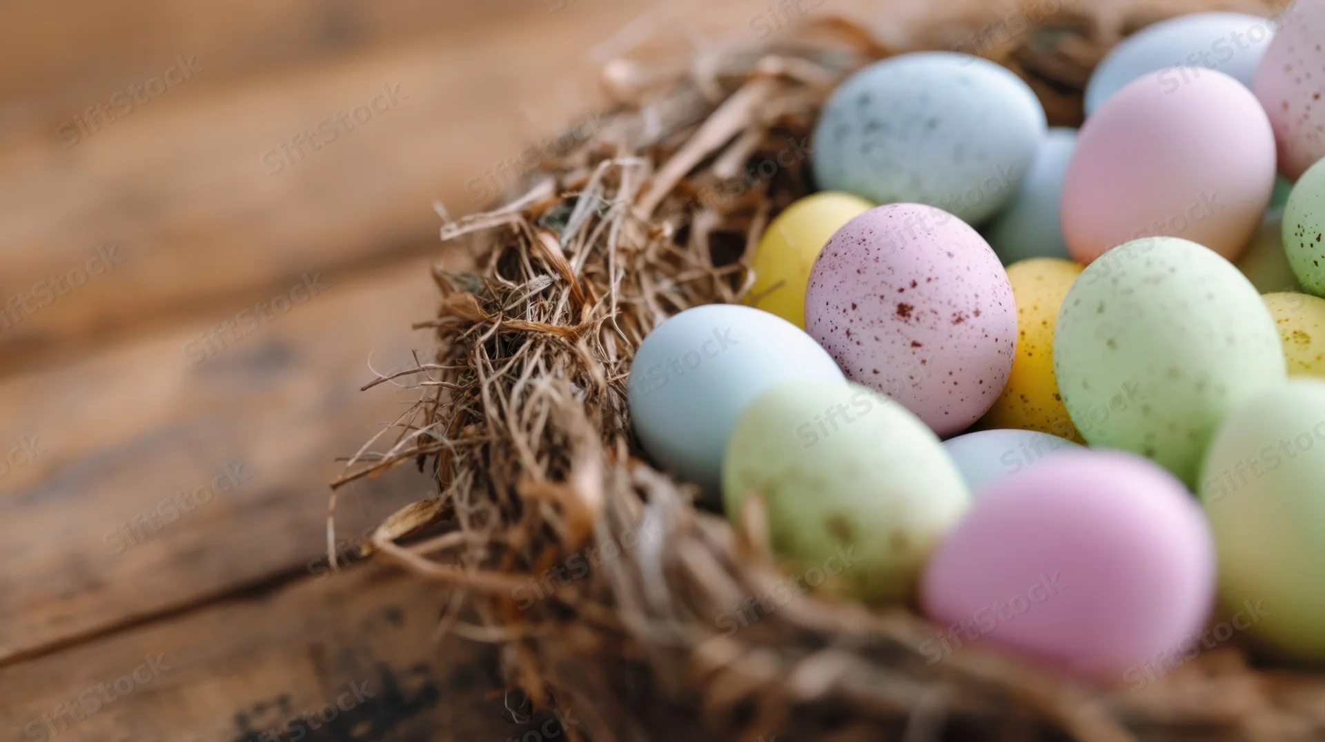 Colorful speckled easter eggs in a rustic nest on wooden surface