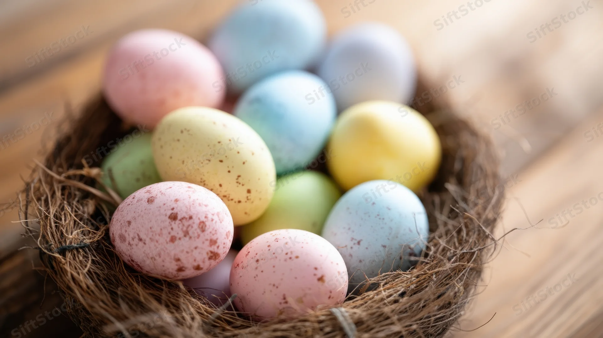 Pastel-colored easter eggs in a rustic nest on a wooden table