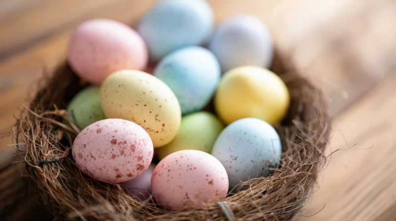 Pastel-colored easter eggs in a rustic nest on a wooden table