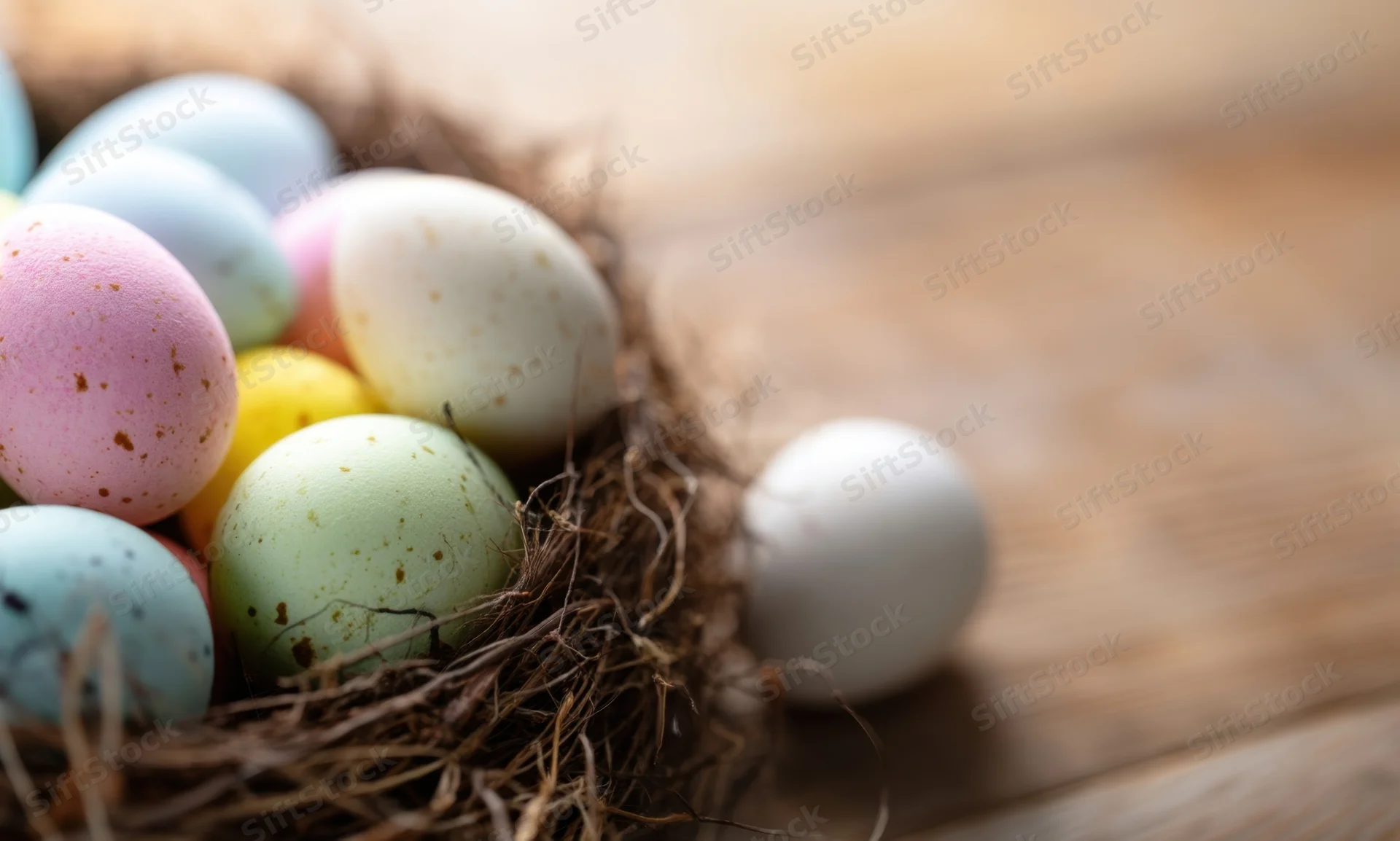 Colorful speckled easter eggs in a nest on a wooden table