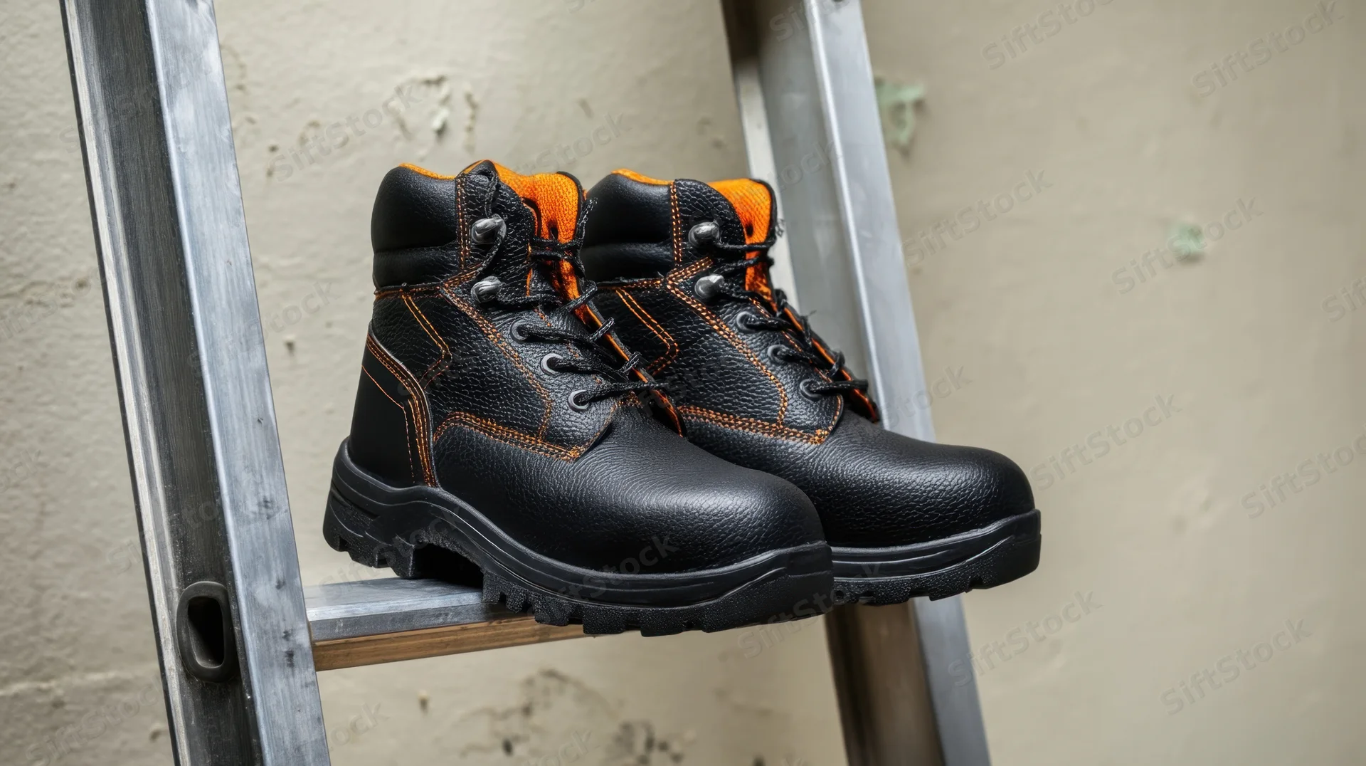 Pair of black and orange safety boots resting on a metal ladder step