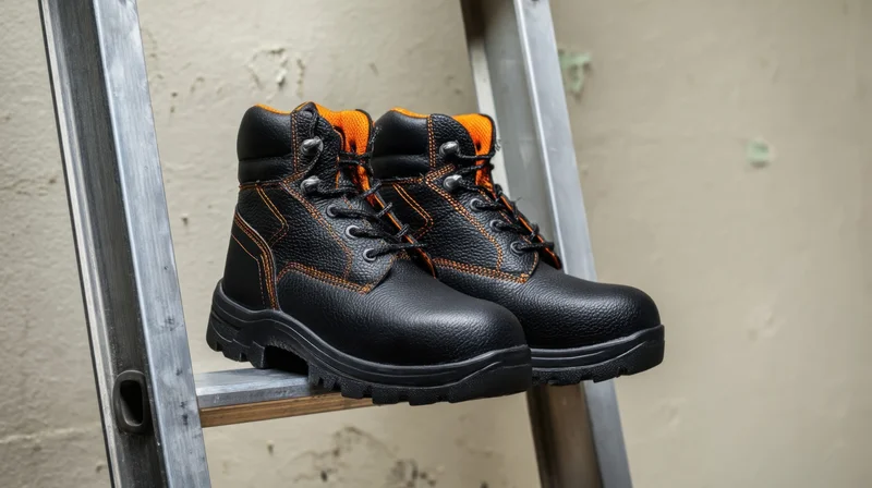 Pair of black and orange safety boots resting on a metal ladder step