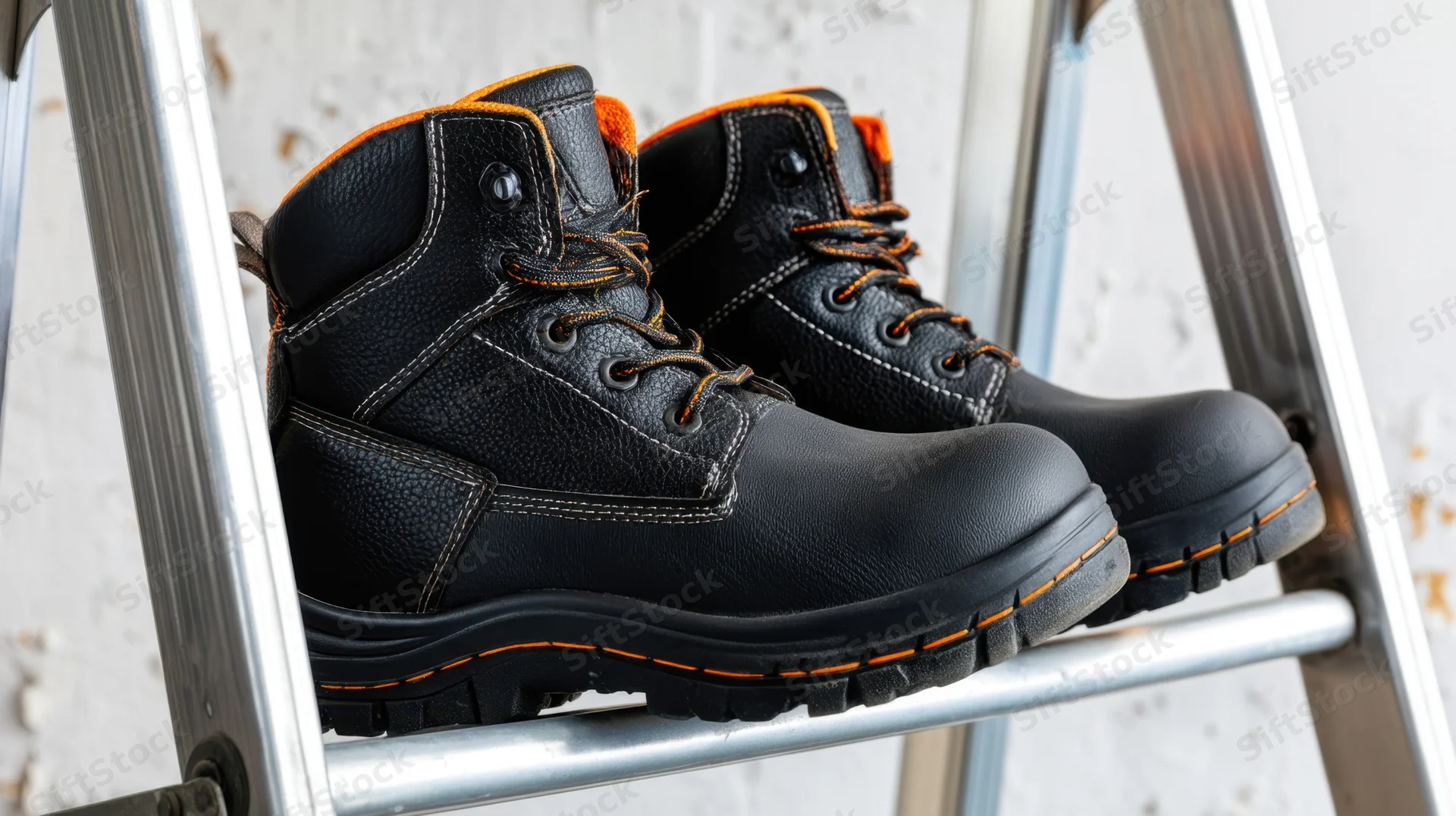 Pair of black and orange workboots with steel toes resting on a metal ladder step