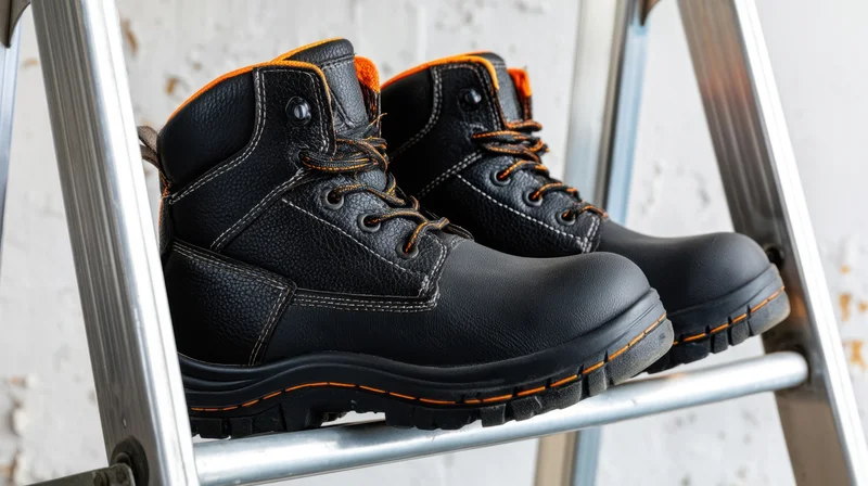 Pair of black and orange workboots with steel toes resting on a metal ladder step