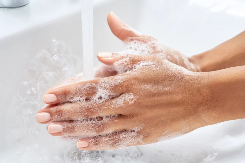 Woman's hands covered in soap foam under running water in a bathroom sink