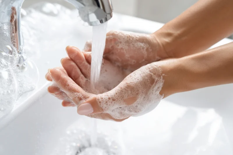 Woman washing hands with soap under running water in bathroom sink