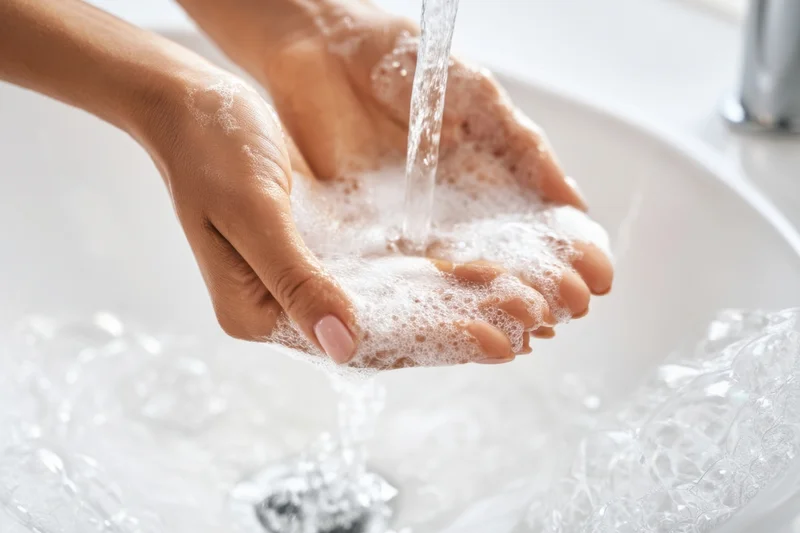 Hands cupped under running water with soap foam in a bathroom sink