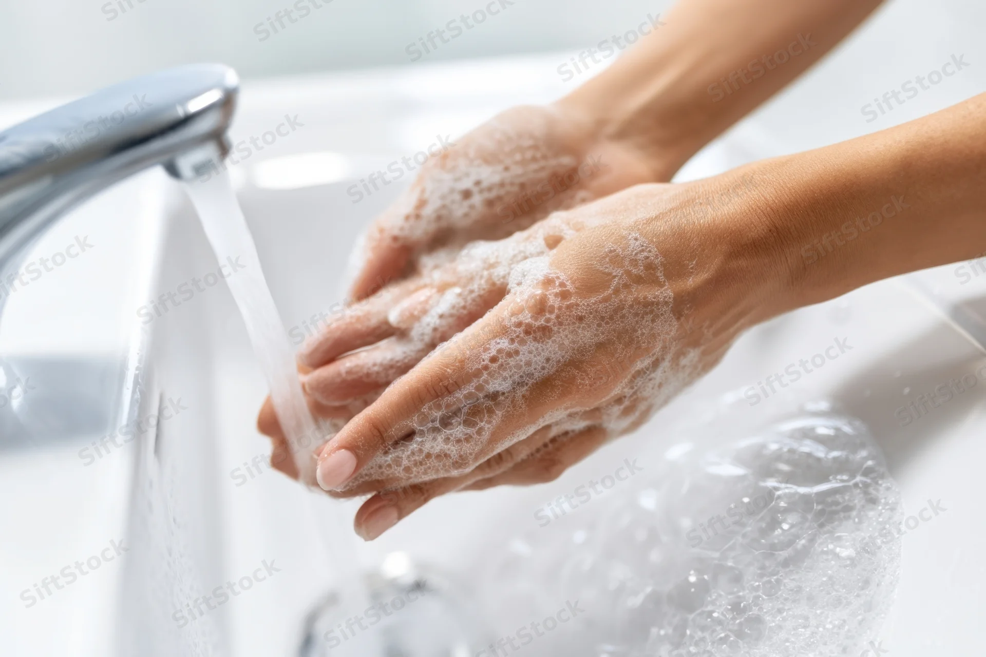 Woman washing hands with soapy water under running faucet in bathroom sink