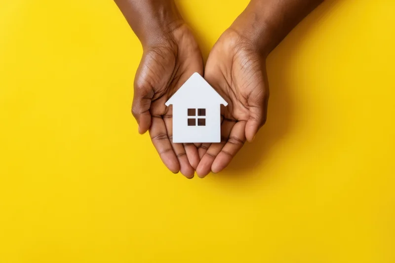 Hands cradling a white house model against a yellow background