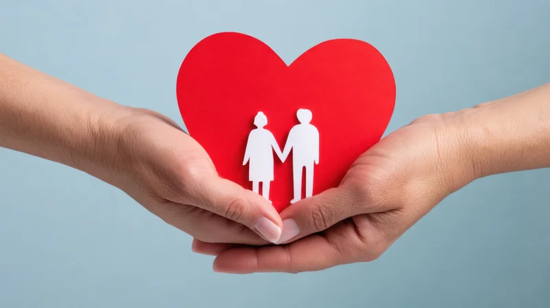 Hands holding a red paper heart with white couple cutout against blue background