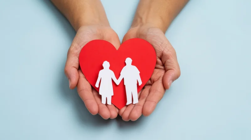 Hands holding a red paper heart with white cutout figures of a couple on a light blue background