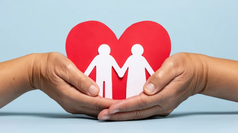 Hands holding a red paper heart with white family cutout against blue background