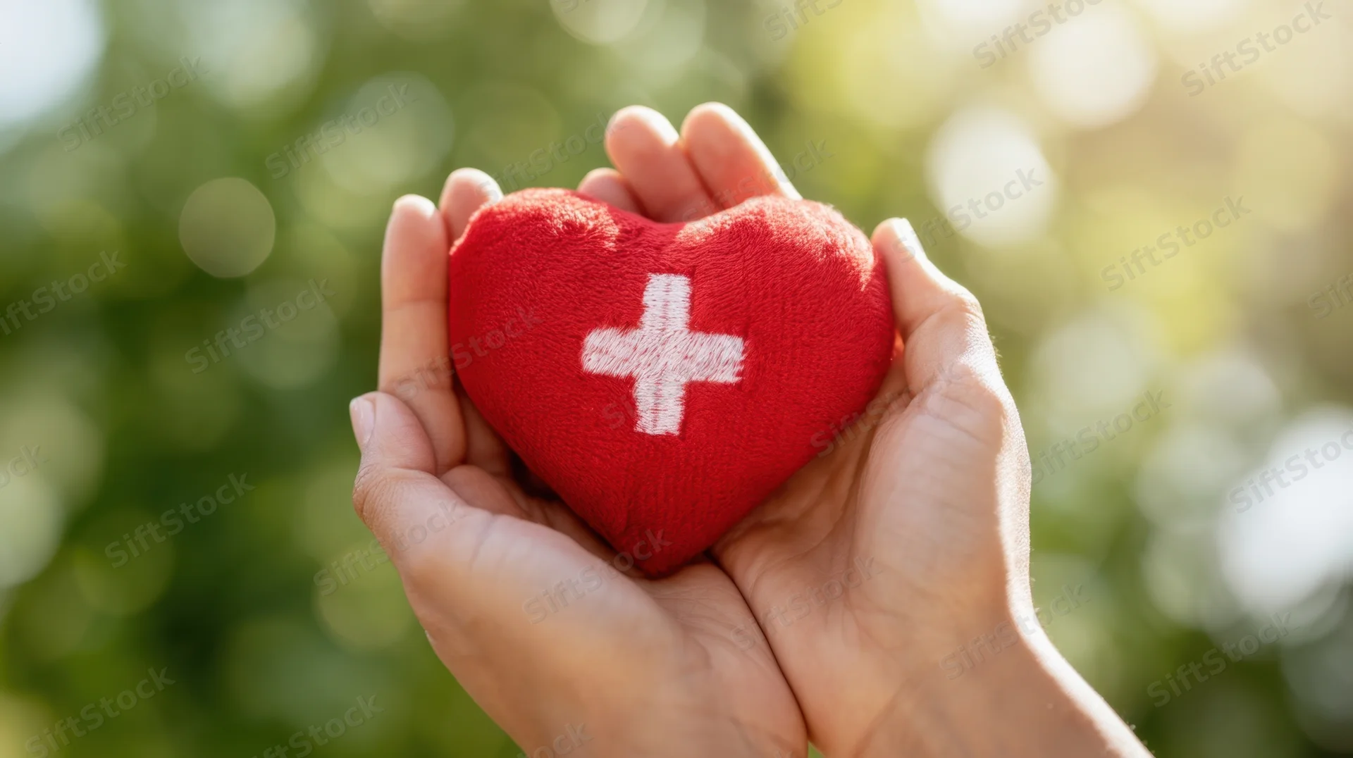 Hands holding a red knitted heart with white cross against blurred green background