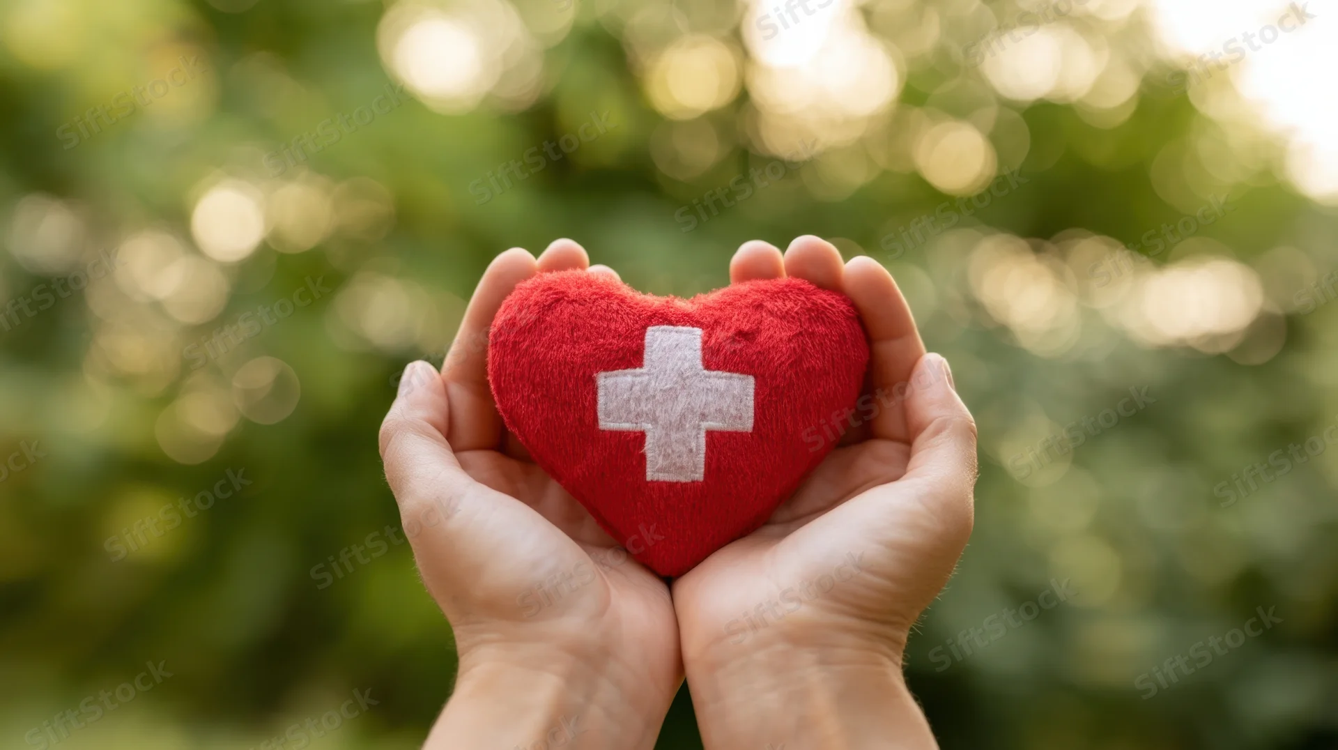 Hands holding a red heart with white cross against blurred green foliage