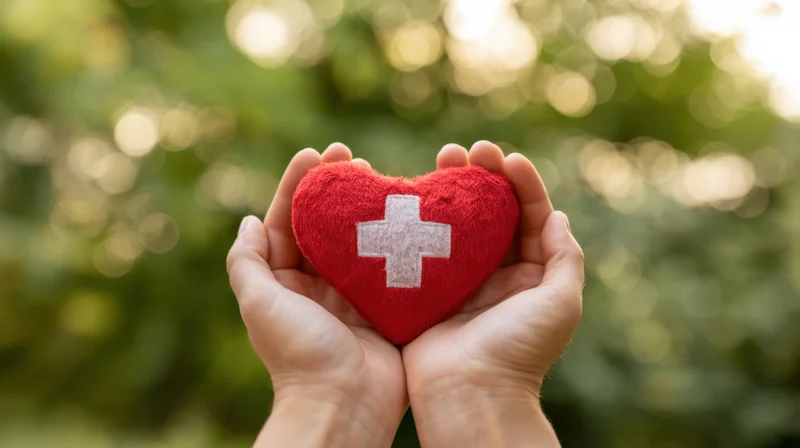 Hands holding a red heart with white cross against blurred green foliage
