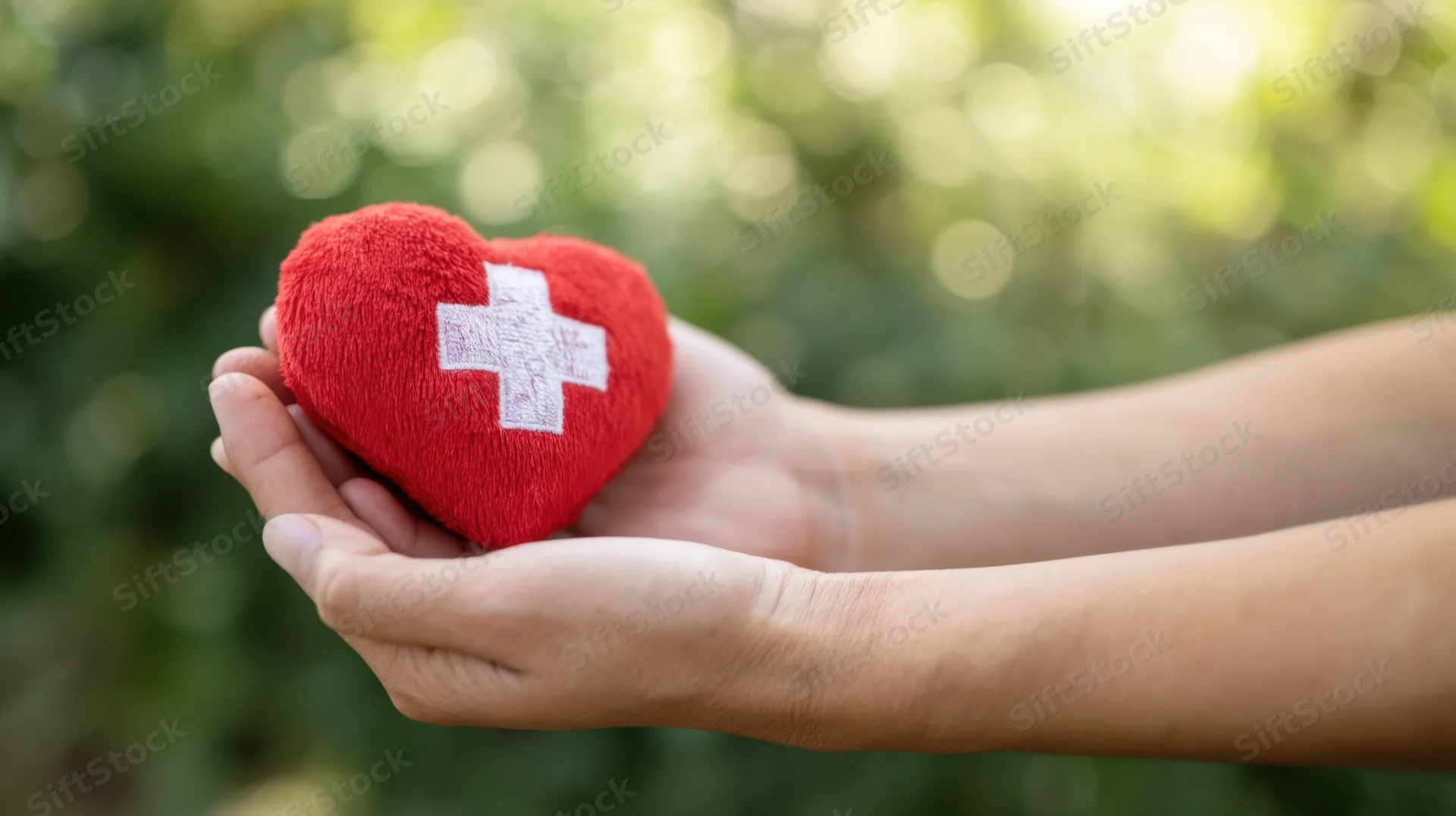 Hands holding a red plush heart with white cross symbol outdoors