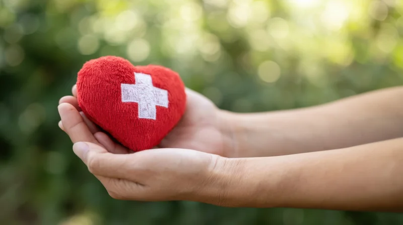 Hands holding a red plush heart with white cross symbol outdoors