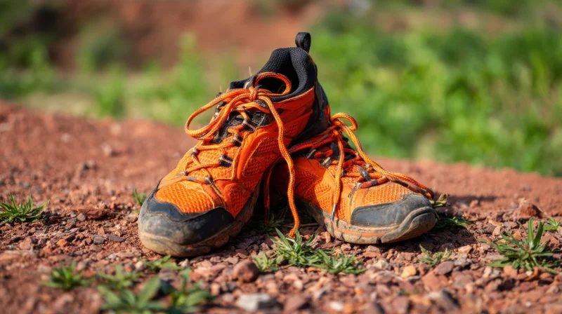 Orange hiking shoes resting on a rocky dirt path surrounded by green plants