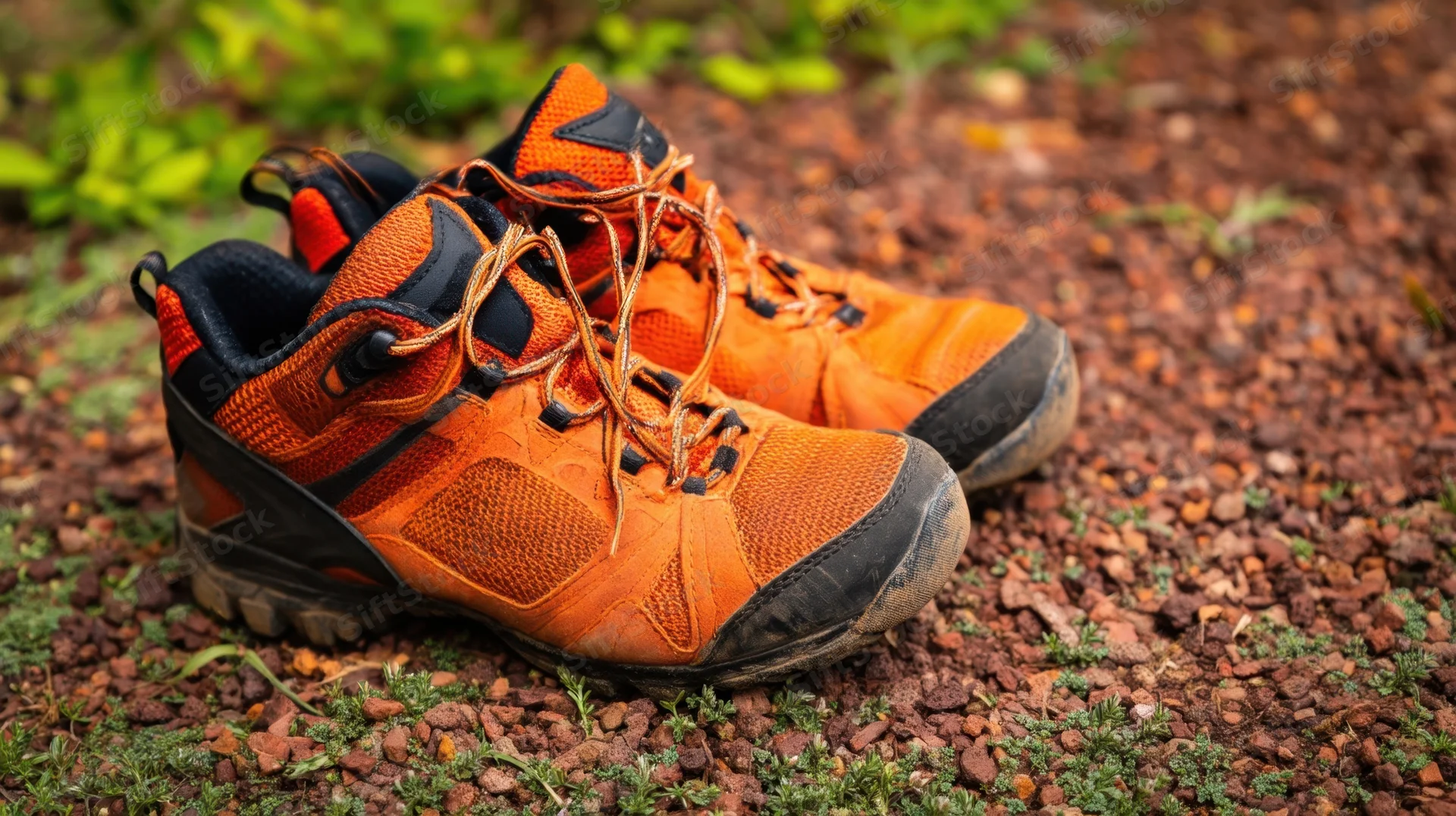 Orange hiking shoes on gravel path with green moss and plants