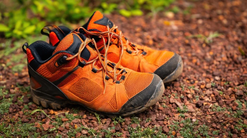 Orange hiking shoes on gravel path with green moss and plants