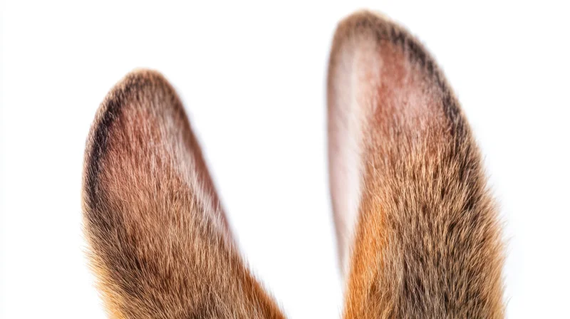 Closeup of rabbit ears with brown fur against white background