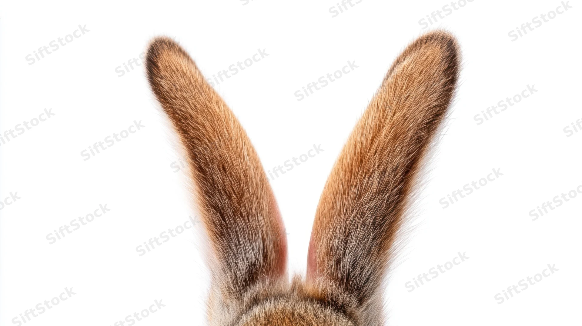 Closeup of rabbit ears with brown fur against white background