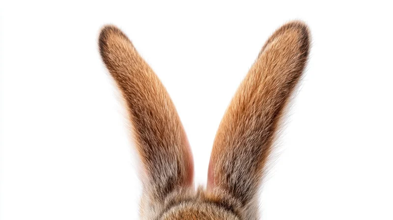 Closeup of rabbit ears with brown fur against white background