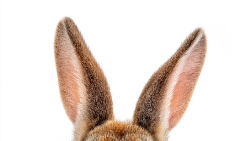 Closeup of rabbit ears pointing upward against white background