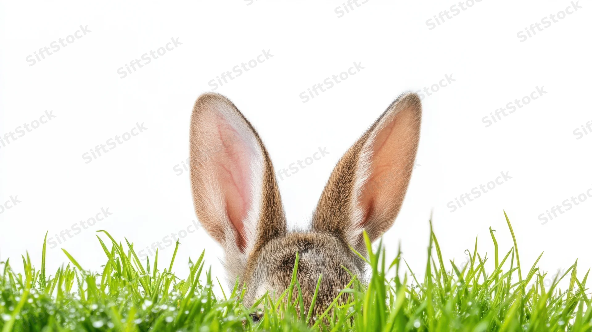 Rabbit ears peeking above green grass against white background