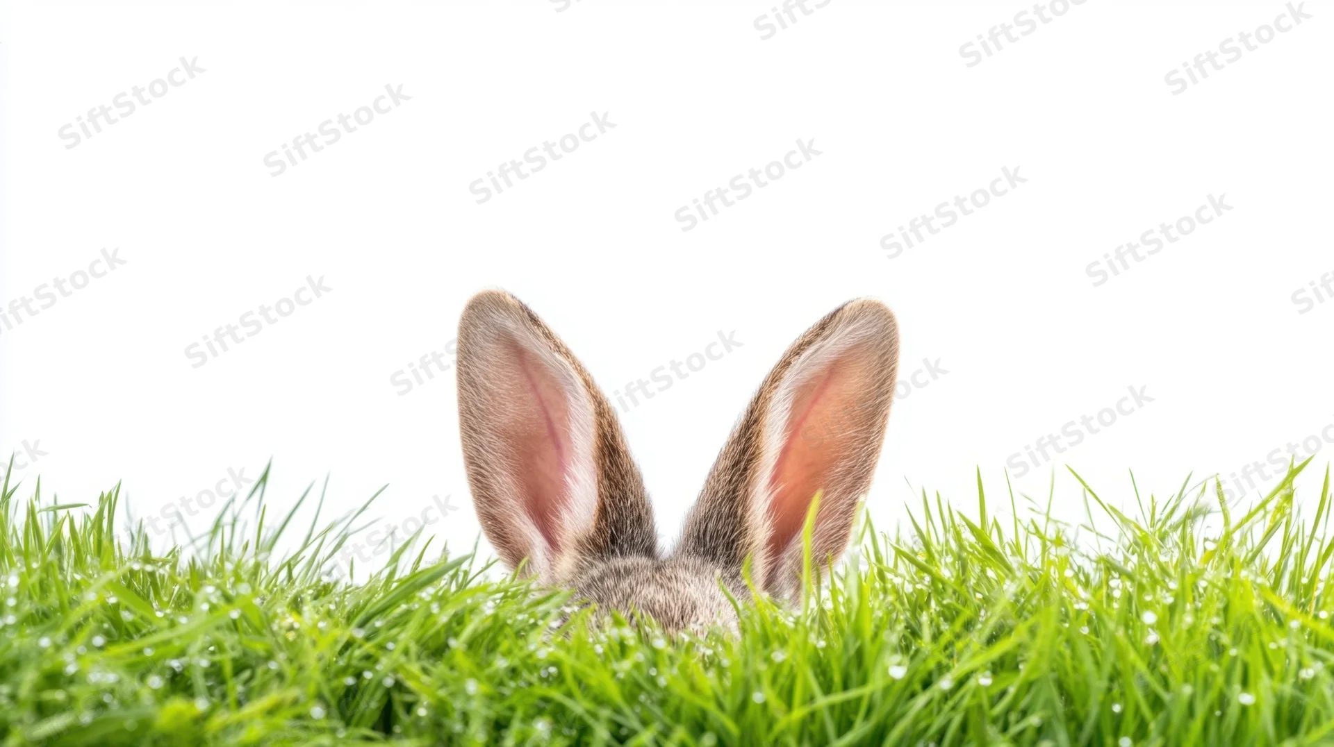 Rabbit ears peeking above green grass against white background