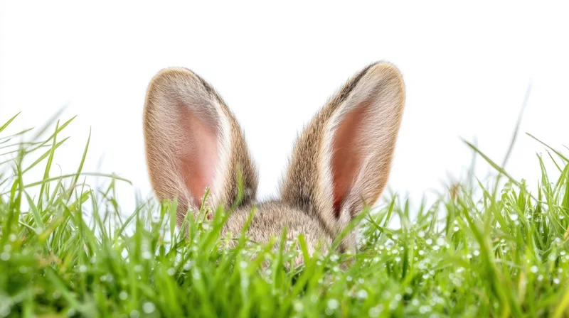 Rabbit ears peeking above green grass with dewdrops on white background