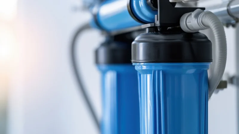 Blue water filters connected with hoses and pipes in a home filtration system