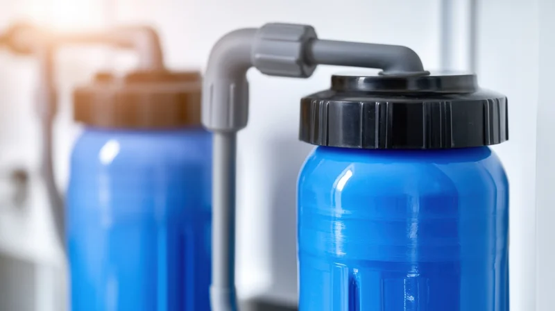 Two blue water filtration tanks connected by a gray pipe in a home setting