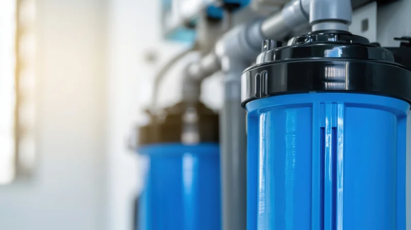 Blue water filters connected to pipes mounted on a wall in a home utility space