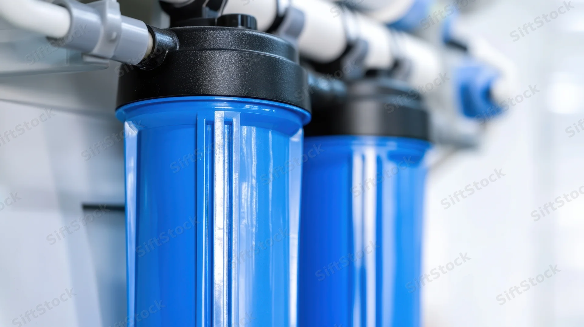 Blue cylindrical water filters connected to white pipes in a residential filtration system