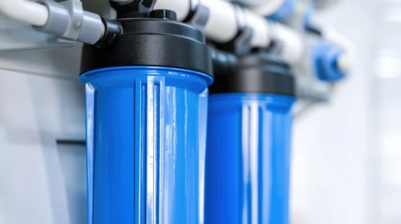 Blue cylindrical water filters connected to white pipes in a residential filtration system
