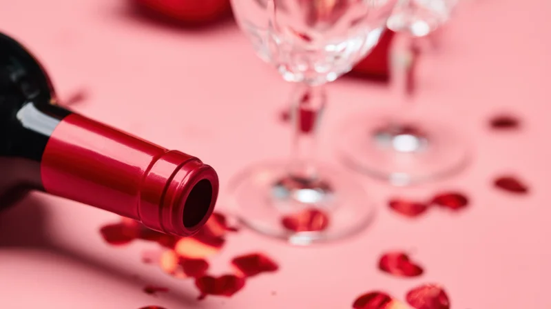 Red wine bottle lying on pink surface with rose petals and wine glasses nearby