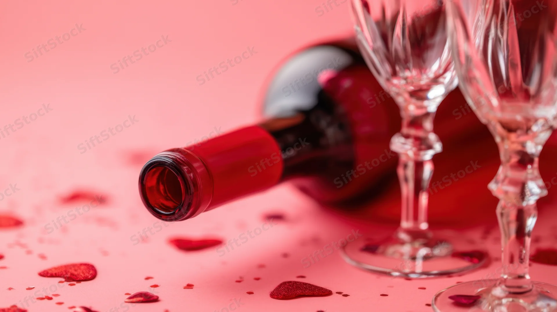 Red wine bottle lying beside two crystal glasses on a pink surface scattered with heart-shaped confetti