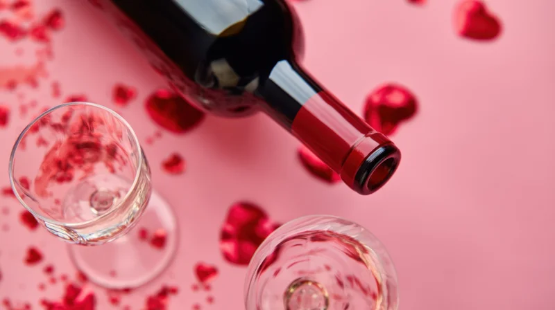 Red wine bottle and two glasses on pink surface with scattered hearts and rose petals