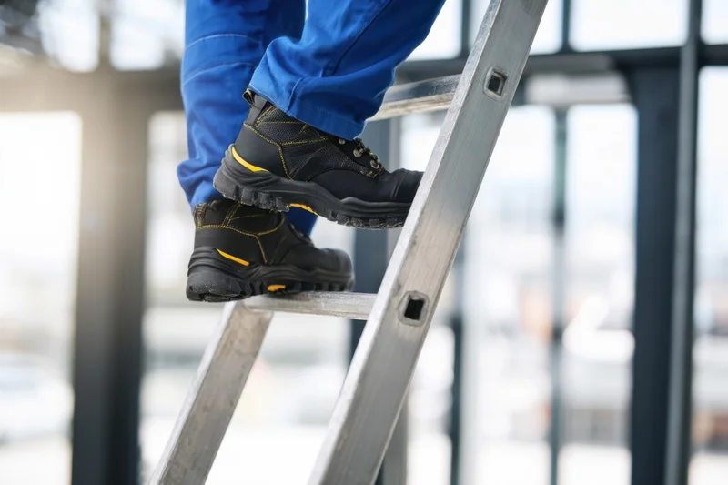 Worker climbing a metal ladder on a construction site wearing safety boots and blue work pants
