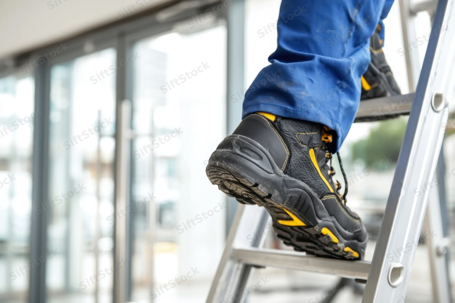 Worker climbing a ladder in safety boots and blue work pants outdoors near a glass building